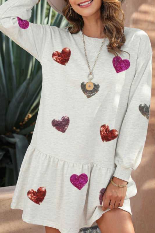 Sequin Heart Round Neck Long Sleeve Mini Dress - Classique Collection
