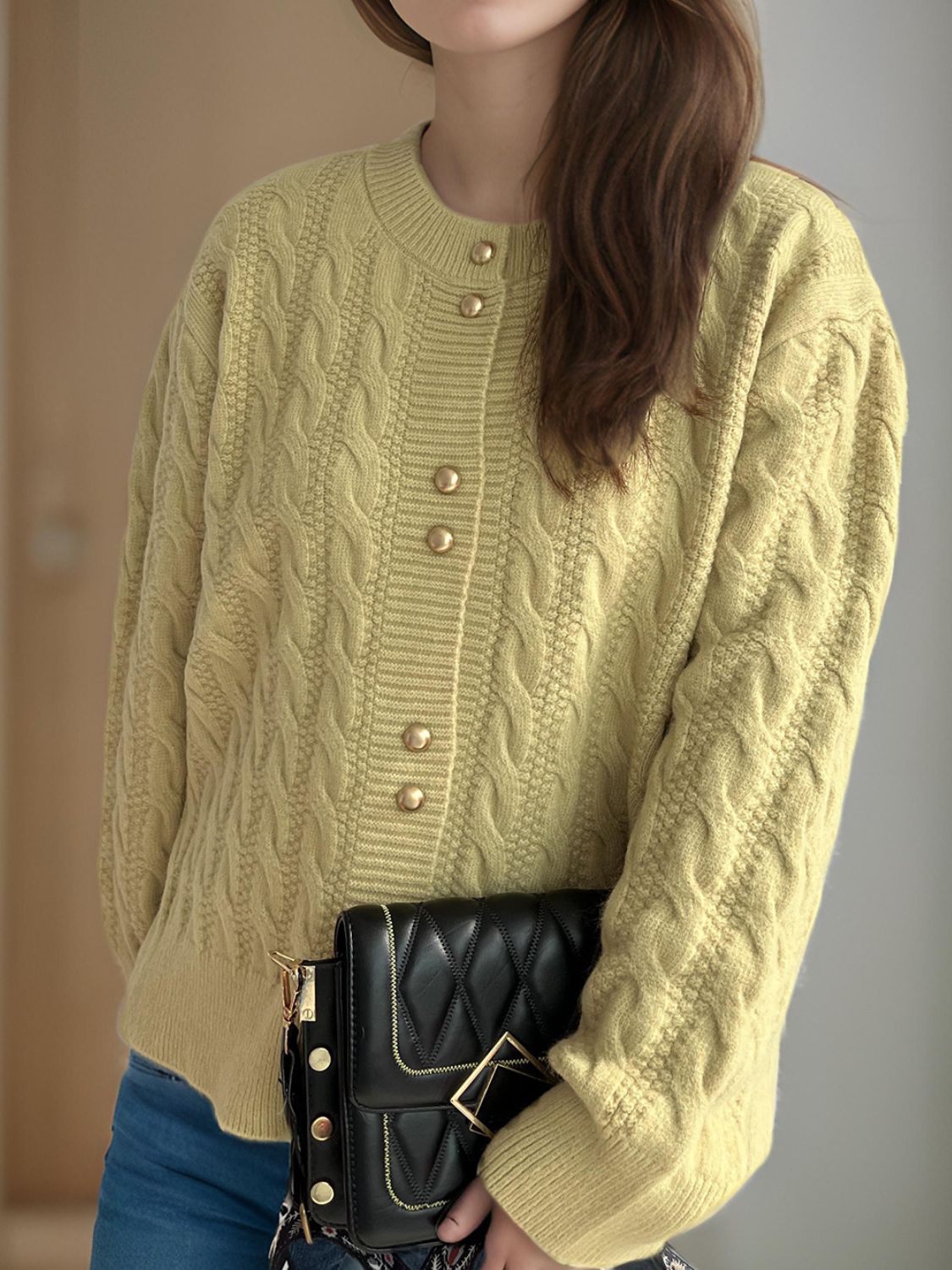 Cable-Knit Round Neck Long Sleeve Cardigan - ClassiQ