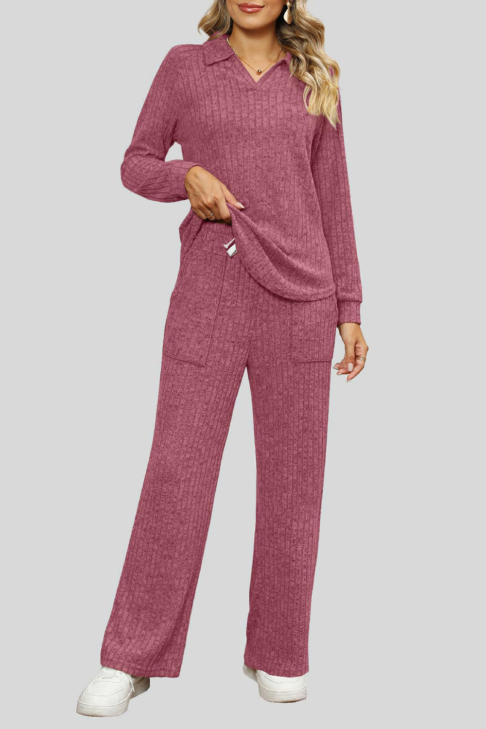Ribbed Long Sleeve Top and Pocketed Pants Set - ClassiQ