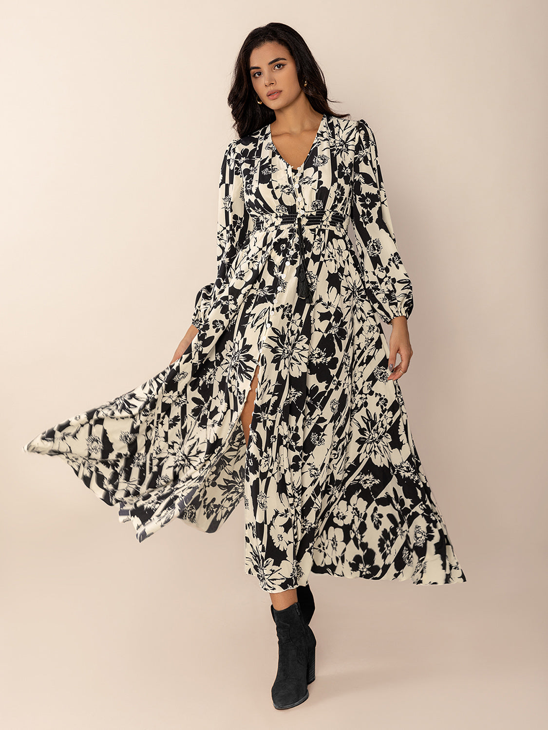 Tied Printed V-Neck Long Sleeve Midi Dress - Classique Collection