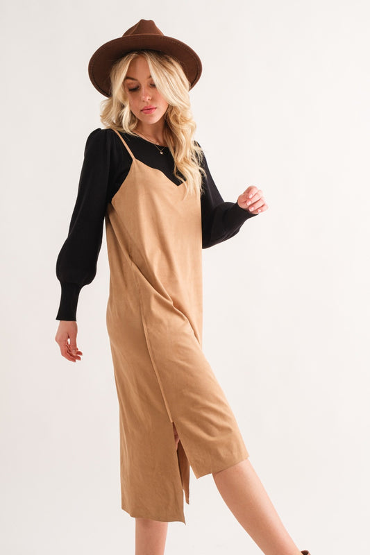 And The Why Faux Suede Cut Edge Slit Cami Midi Dress - Classique Collection
