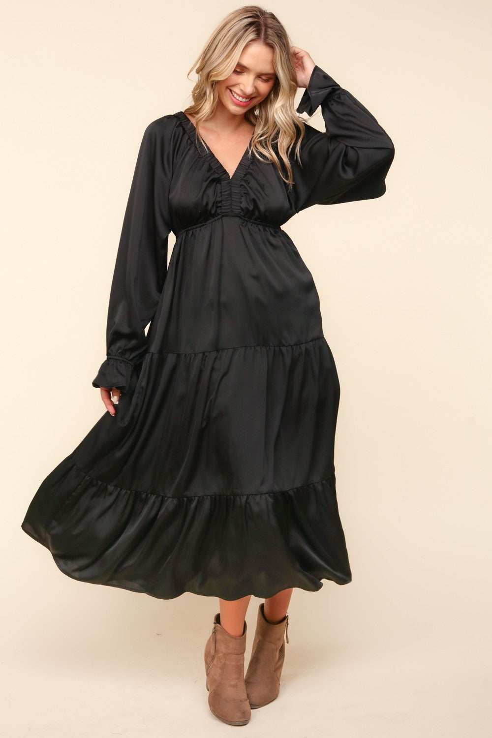 Haptics Flounce Sleeve Tiered Midi Dress with Pockets - Classique Collection