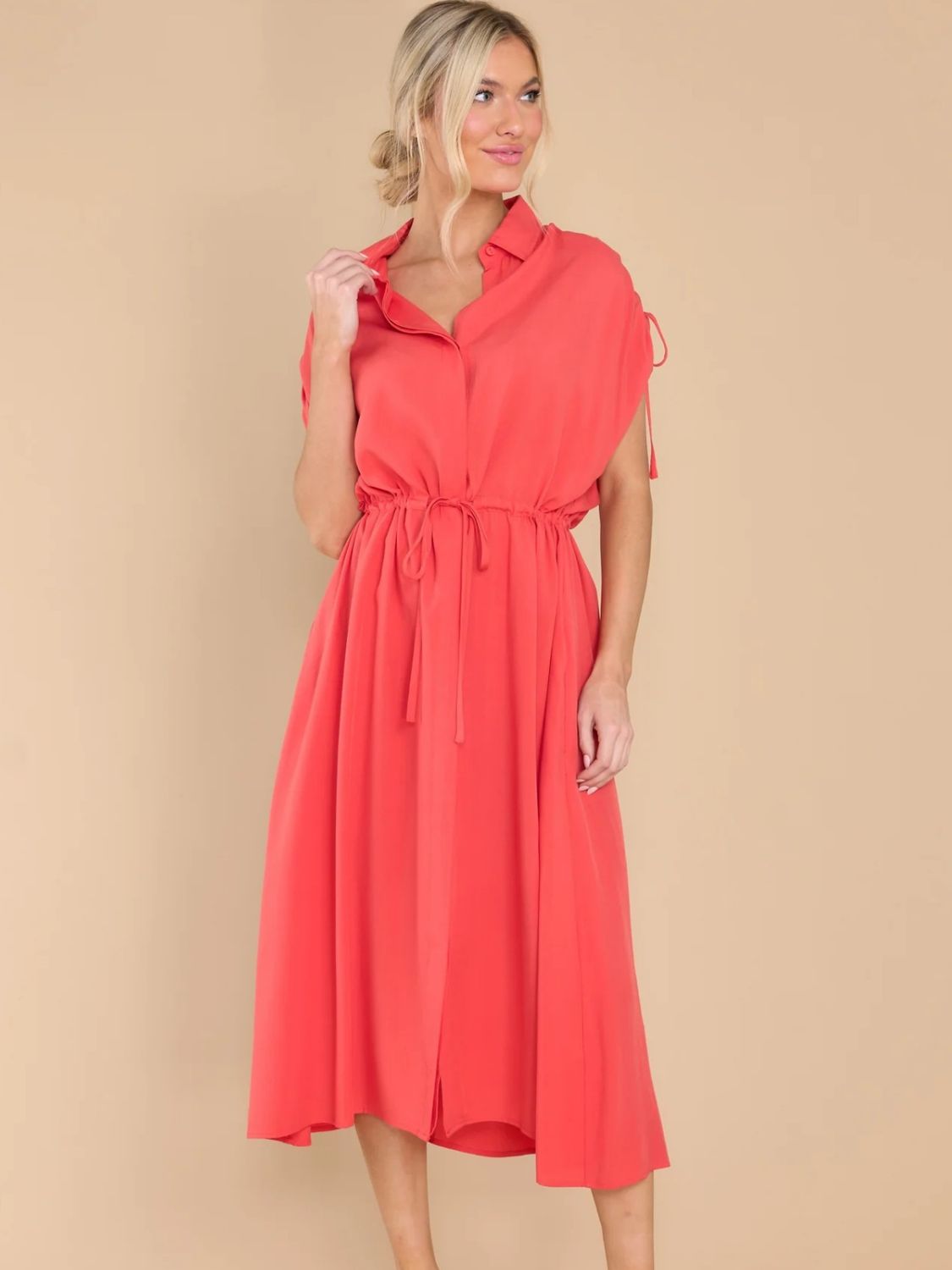 Drawstring Collared Neck Short Sleeve Midi Dress - Classique Collection