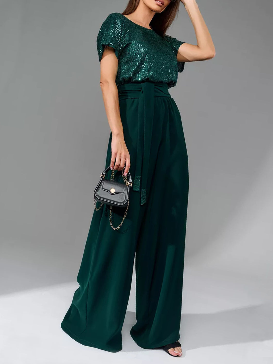 Full Size Sequin Round Neck Short Sleeve Wide Leg Jumpsuit - ClassiQ