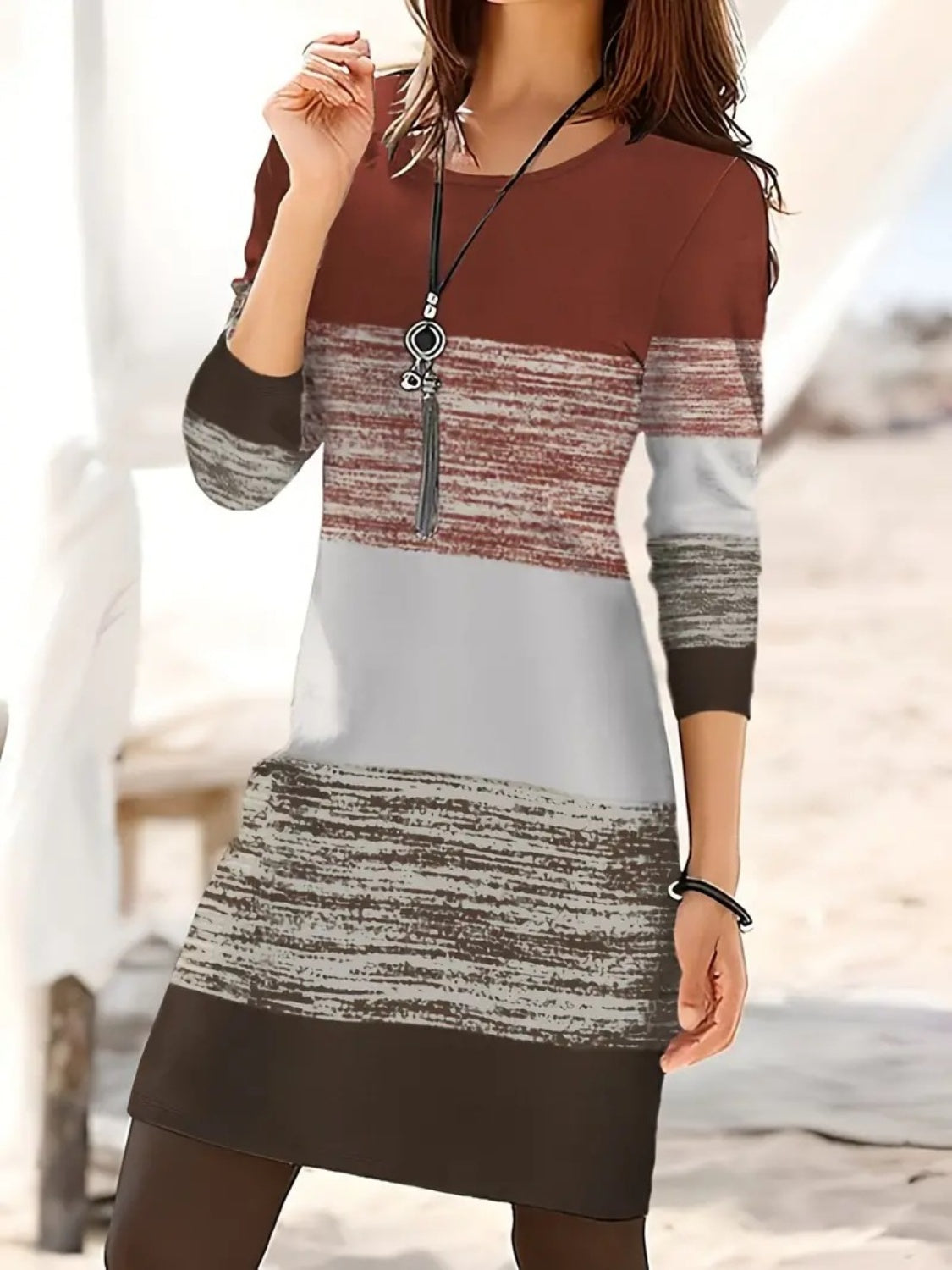 Color Block Round Neck Long Sleeve Dress - Classique Collection