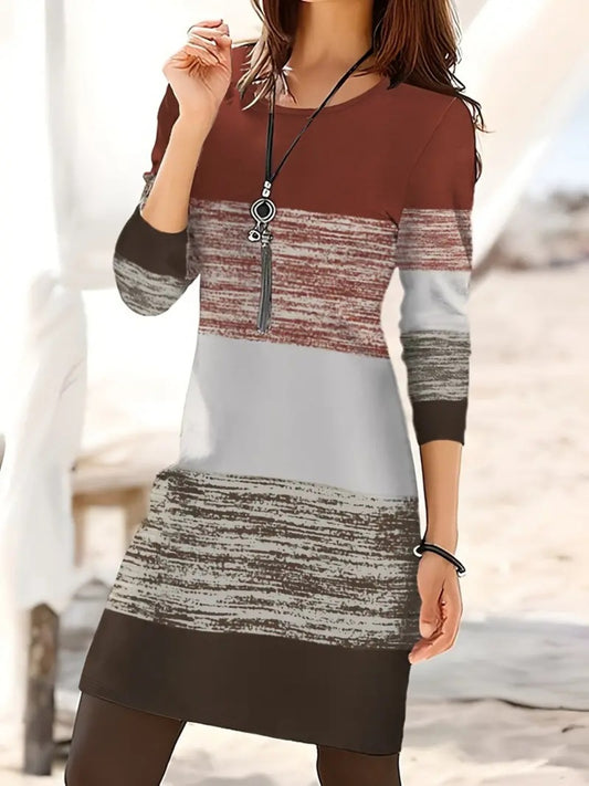 Color Block Round Neck Long Sleeve Dress - Classique Collection