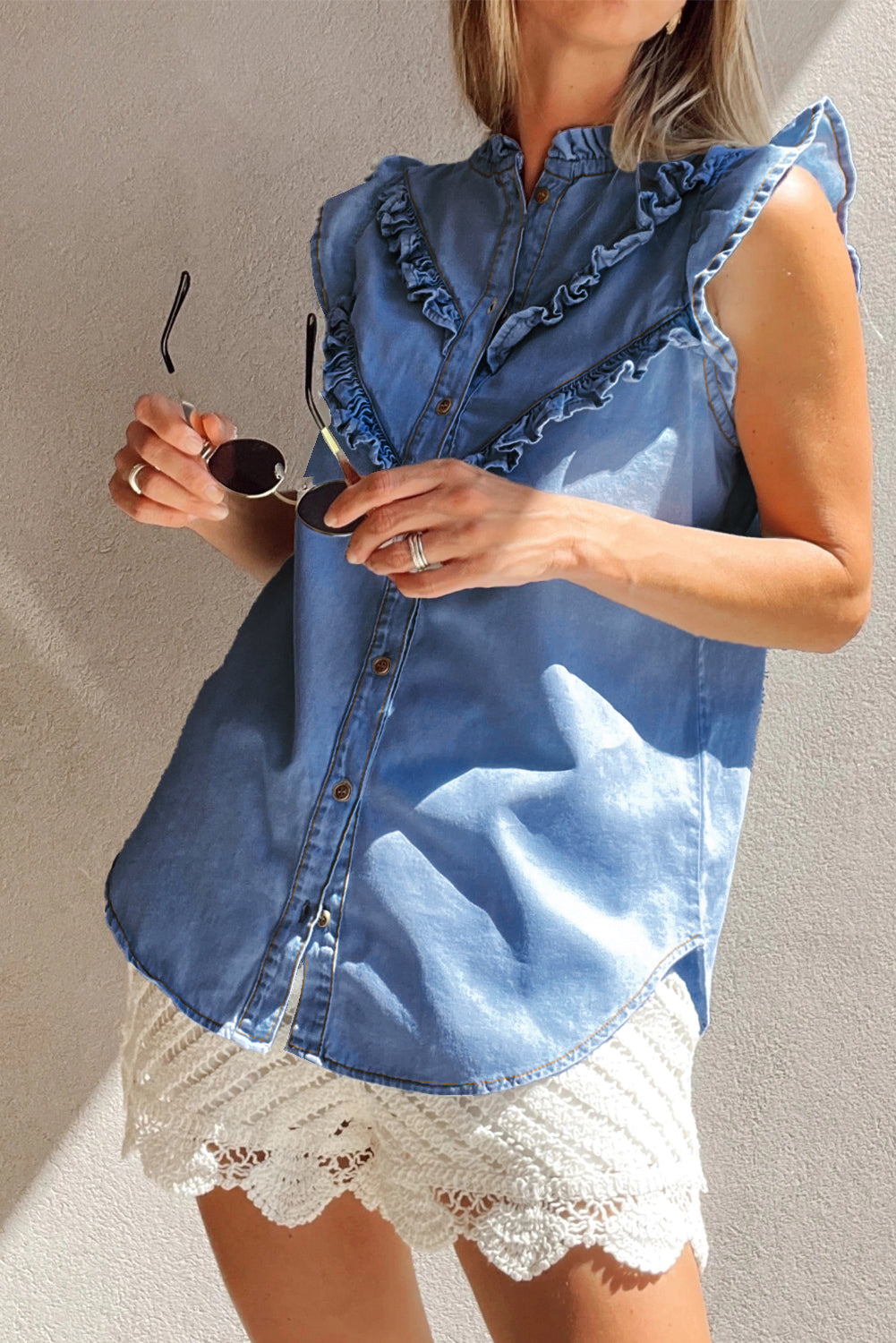 Sky Blue Mineral Wash Cap Sleeve Frilled Button Up Denim Shirt ClassiQ