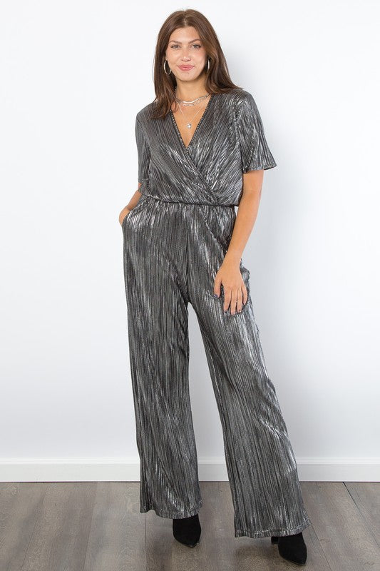 Be Stage Surplice Short Sleeve Pleated Foil Jumpsuit - ClassiQ