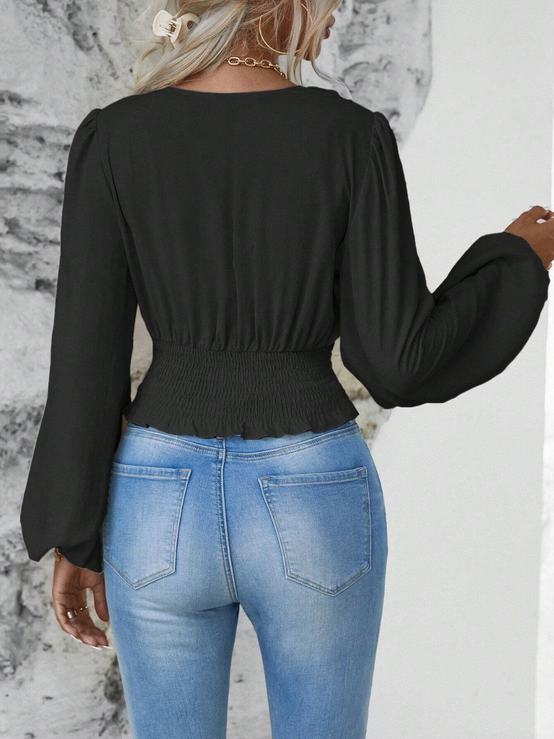 Smocked Surplice Balloon Sleeve Top - Classique Collection
