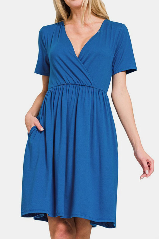 Zenana Surplice Short Sleeve Brushed DTY Dress - Classique Collection