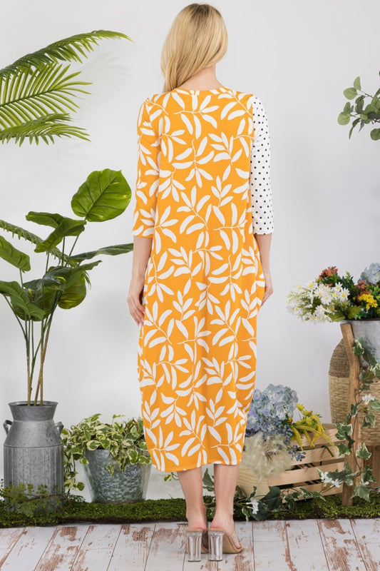 Celeste Full Size Floral Polka Dot Contrast Midi-Dress with Pockets - Classique Collection