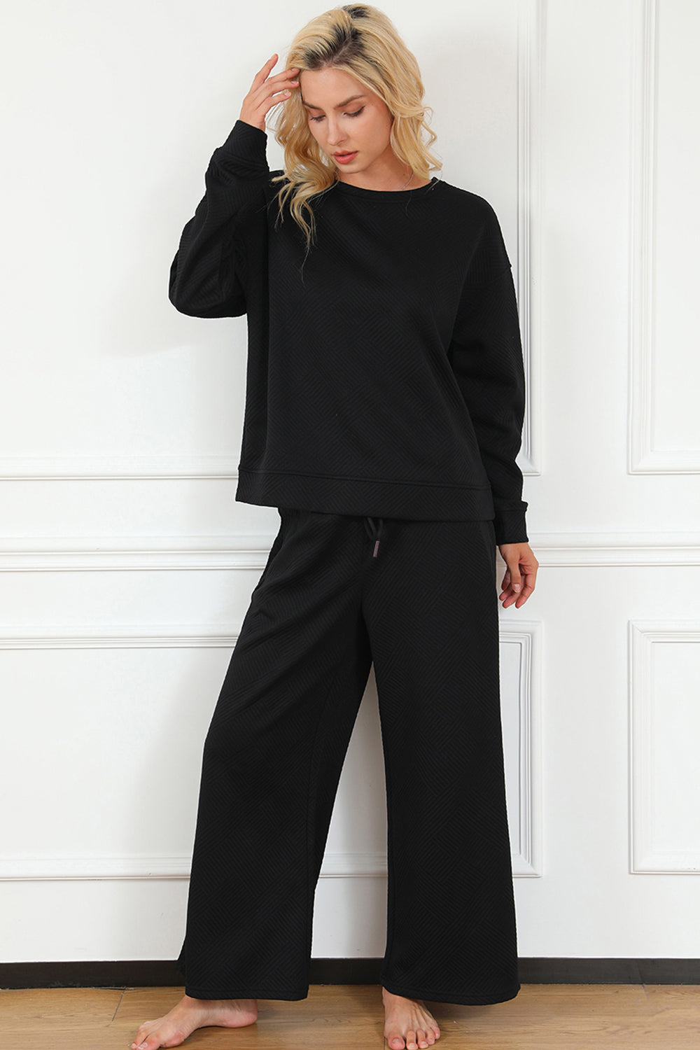 Double Take Full Size Textured Long Sleeve Top and Drawstring Pants Set - ClassiQ