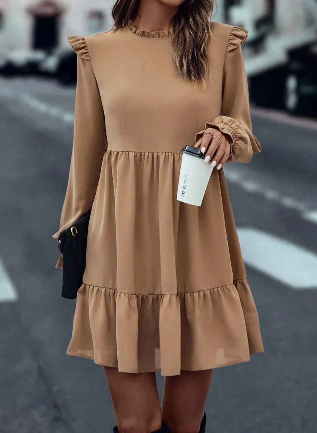 Frill Round Neck Flounce Sleeve Mini Dress - Classique Collection