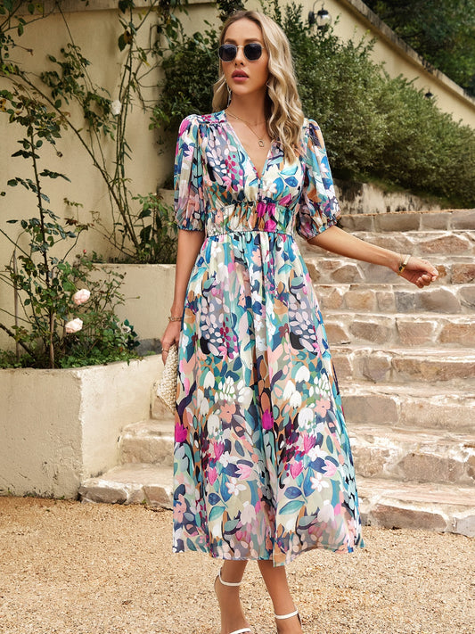 Devine Smocked Printed V-Neck Half Sleeve Midi Dress - Classique Collection
