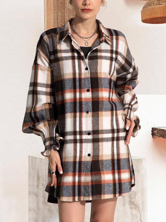 FAM-FAM Button Up Plaid Long Sleeve Shirt Dress - Classique Collection