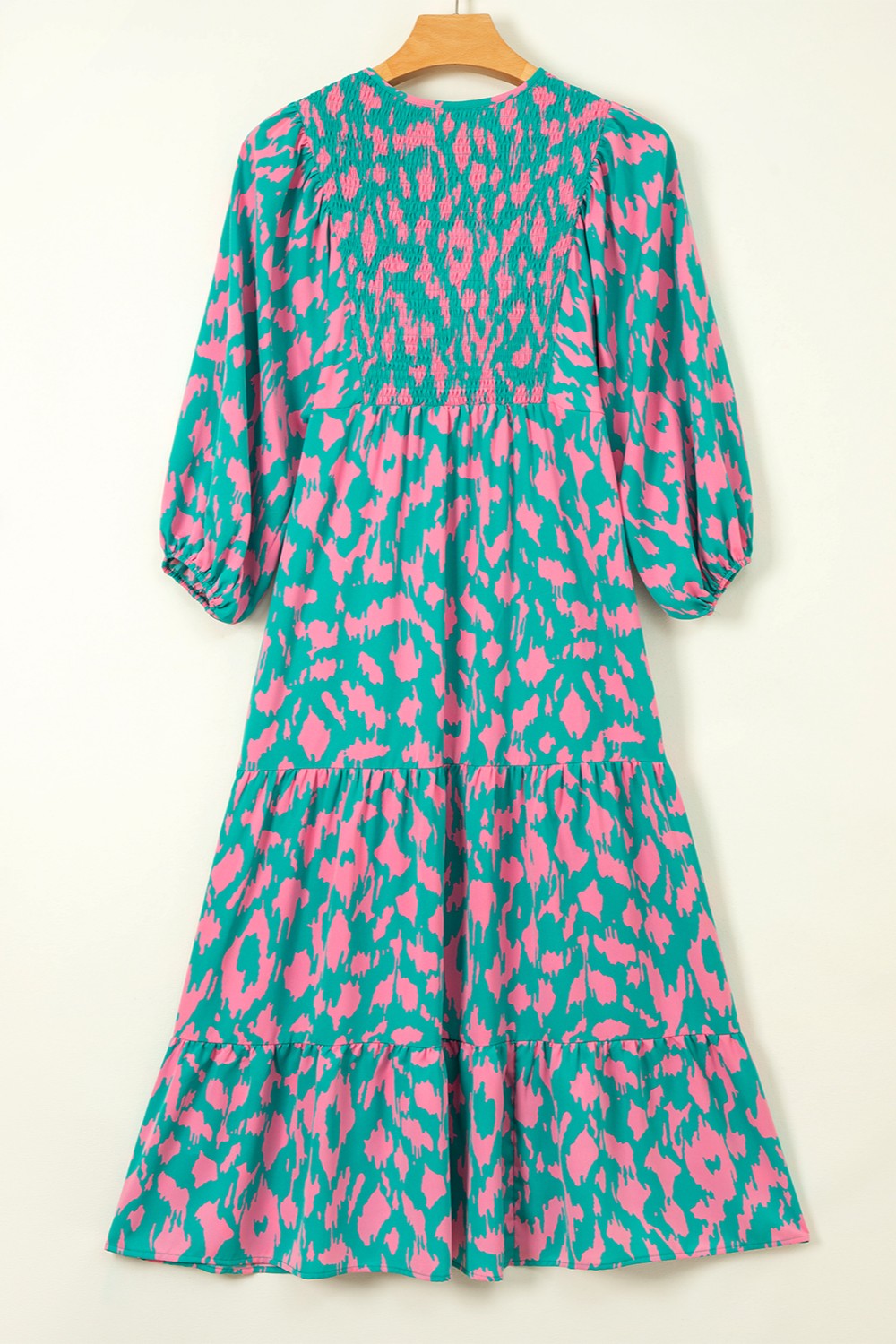 Smocked Printed Tie Neck Long Sleeve Dress - Classique Collection