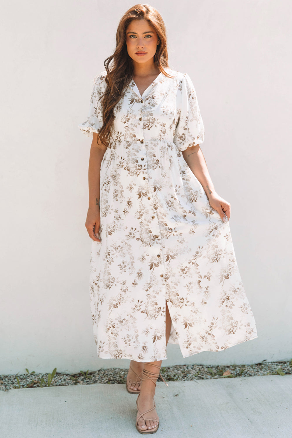 Khaki Floral Puff Sleeve V Neck Buttoned Front Maxi Dress ClassiQ