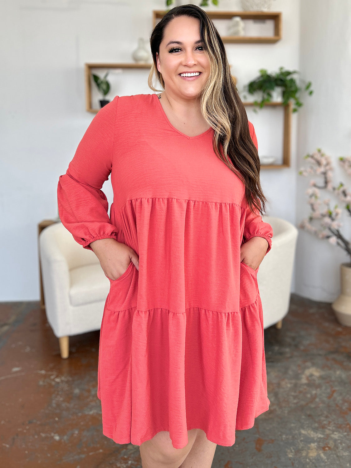 Double Take Full Size V-Neck Balloon Sleeve Tiered Dress with Pockets - Classique Collection