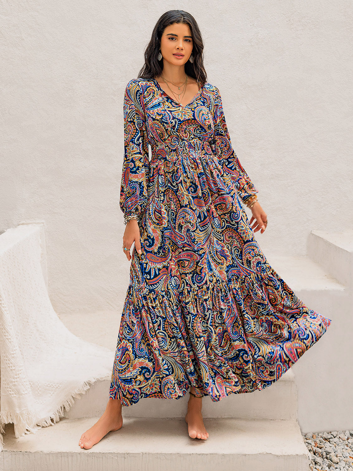 Printed Tie Neck Long Sleeve Midi Dress - Classique Collection