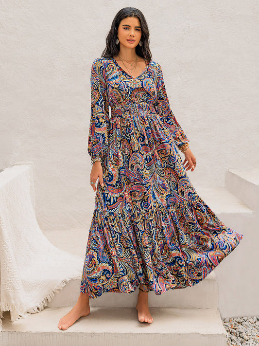 Printed Tie Neck Long Sleeve Midi Dress - Classique Collection