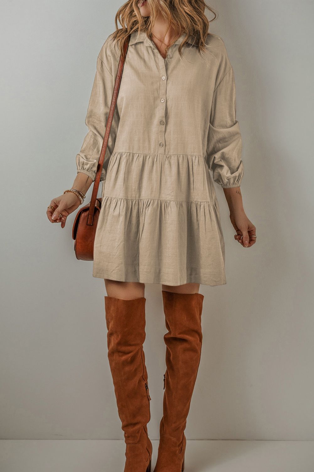 Tiered Collared Neck Balloon Sleeve Shirt Dress - Classique Collection