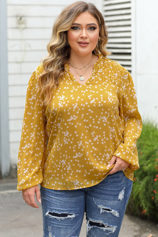 Plus Size Notched Neck Smocked Blouse - Classique Collection