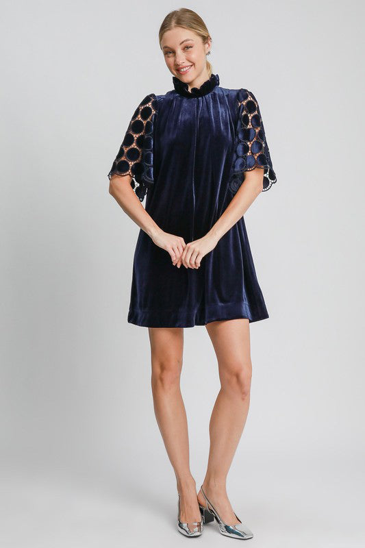 Umgee Dotted Lace Half Sleeve Mock Neck Back Tie Velvet Dress - Classique Collection