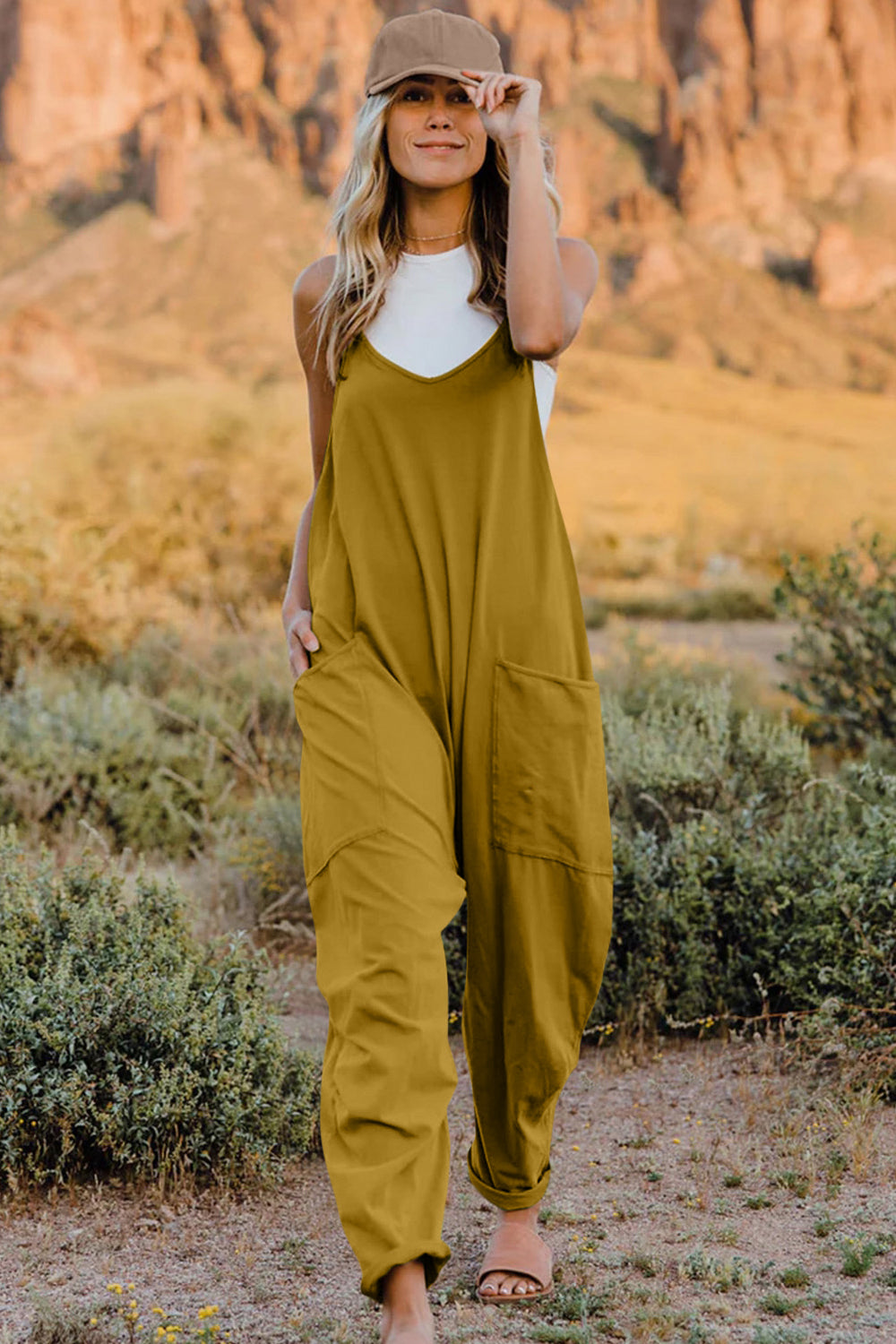 Double Take Full Size V-Neck Sleeveless Jumpsuit with Pockets - ClassiQ
