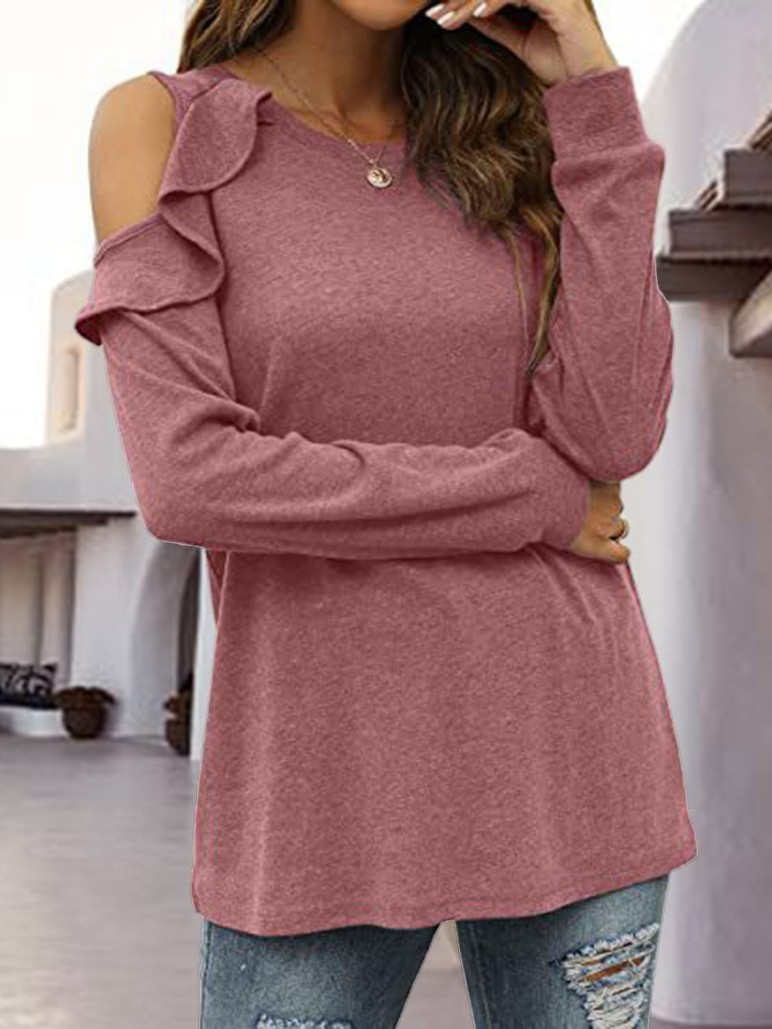 Round Neck Ruffled Cold-Shoulder Blouse - Classique Collection