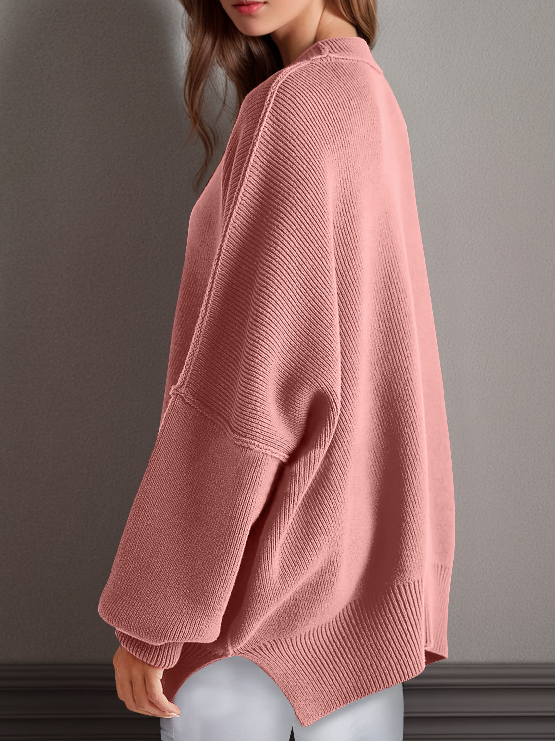 Double Take Side Slit Round Neck Long Sleeve Sweater - ClassiQ