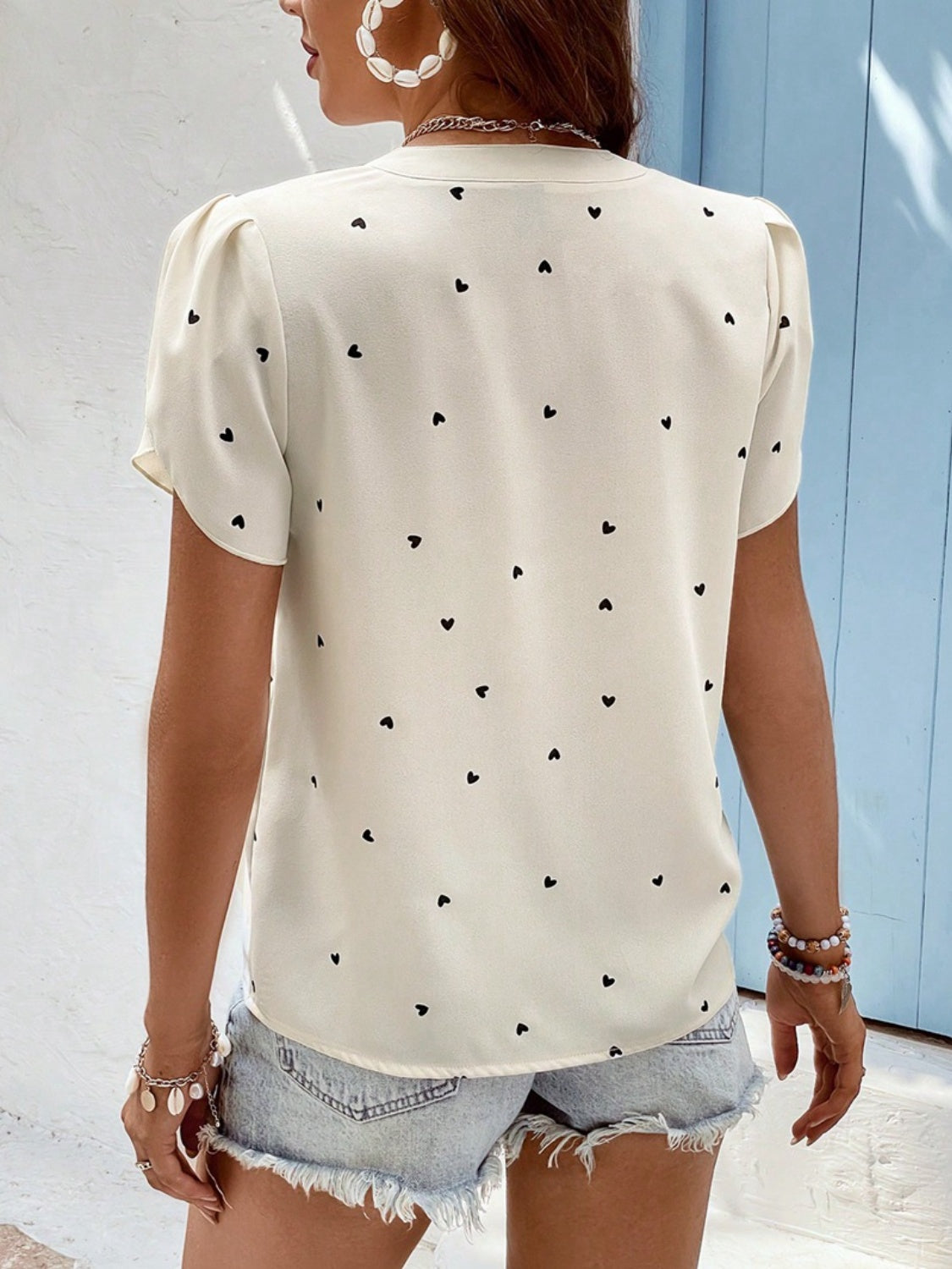 Heart Print Notched Petal Sleeve Blouse - ClassiQ