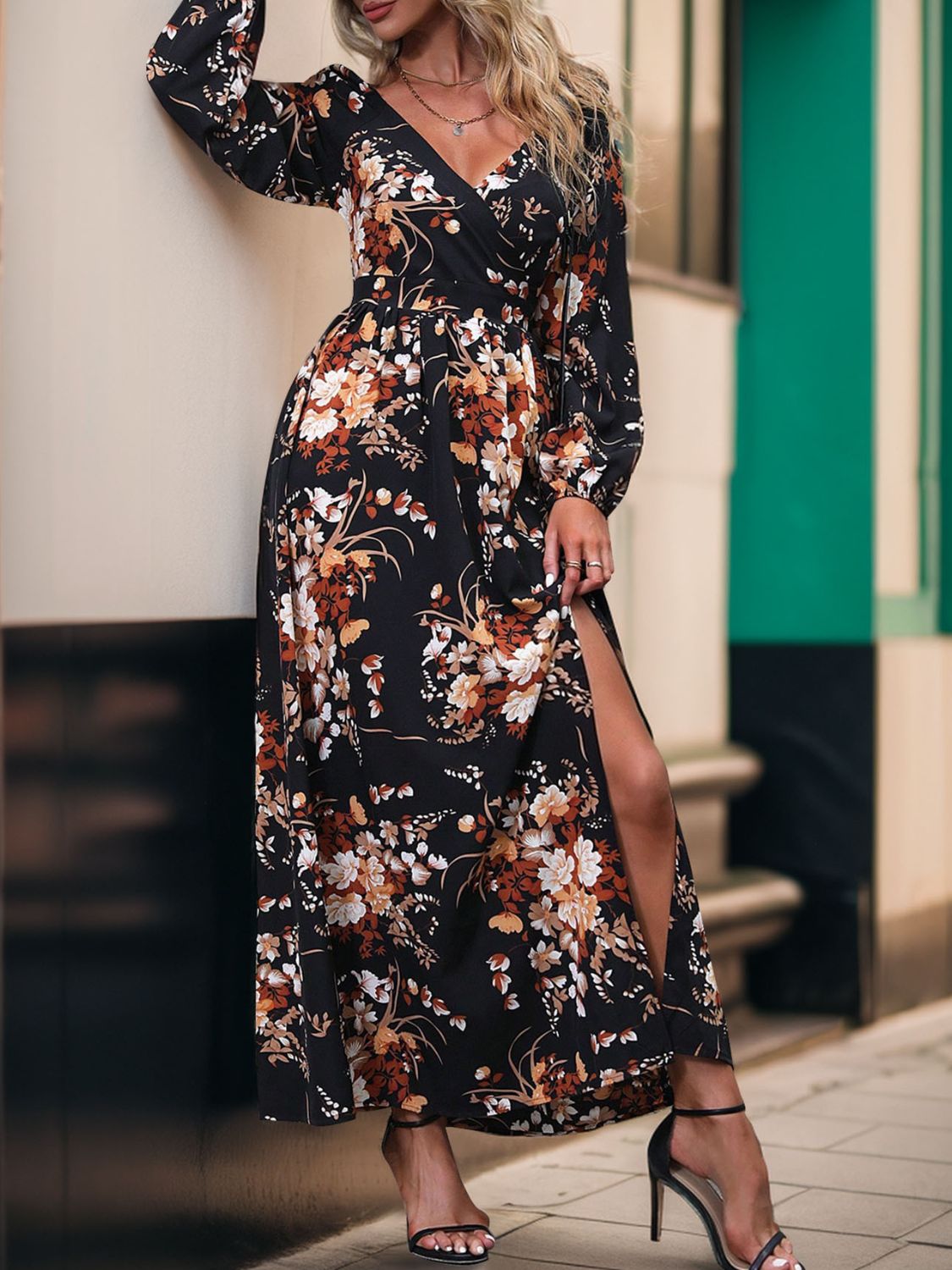 Perfee Slit Printed Surplice Long Sleeve Maxi Dress - Classique Collection