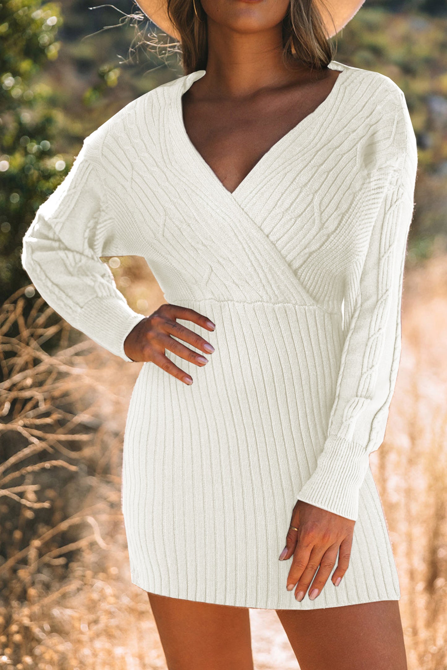 Cable-Knit Surplice Lantern Sleeve Sweater Dress - Classique Collection
