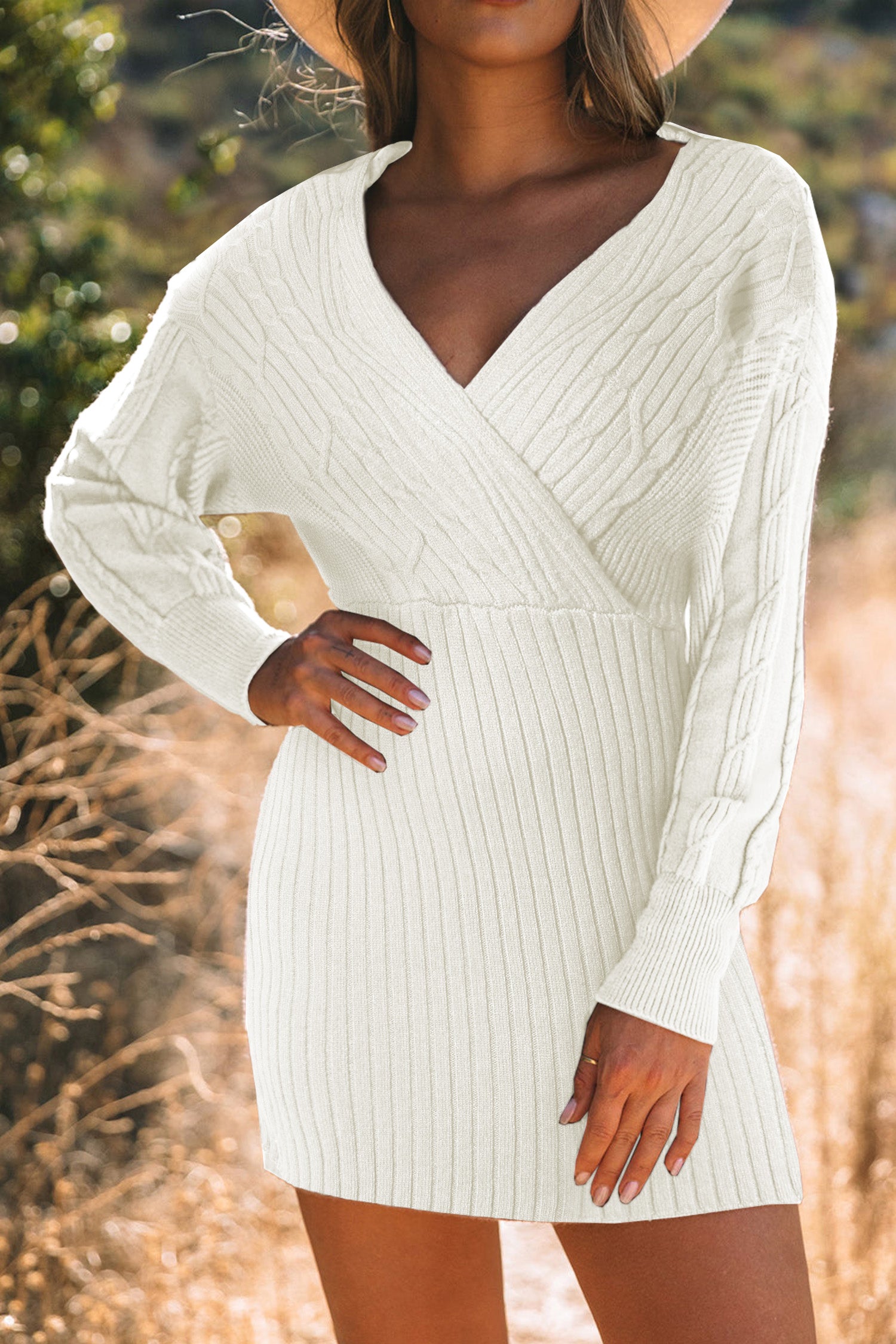 Cable-Knit Surplice Lantern Sleeve Sweater Dress - Classique Collection