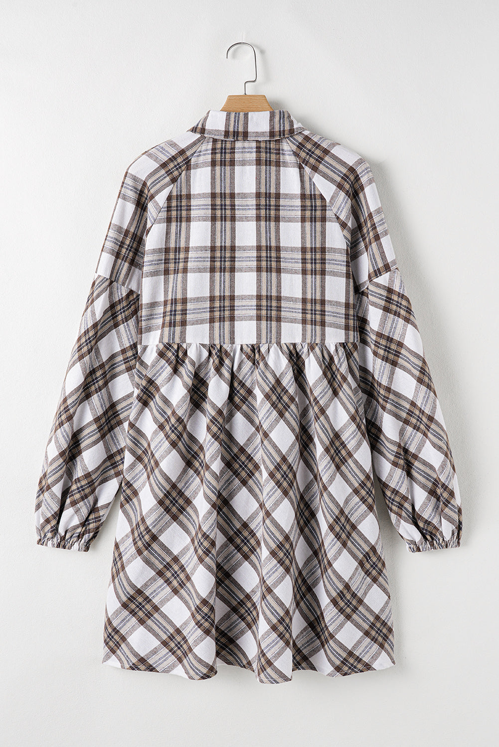 Full Size Plaid Collared Neck Balloon Sleeve Mini Shirt Dress - Classique Collection