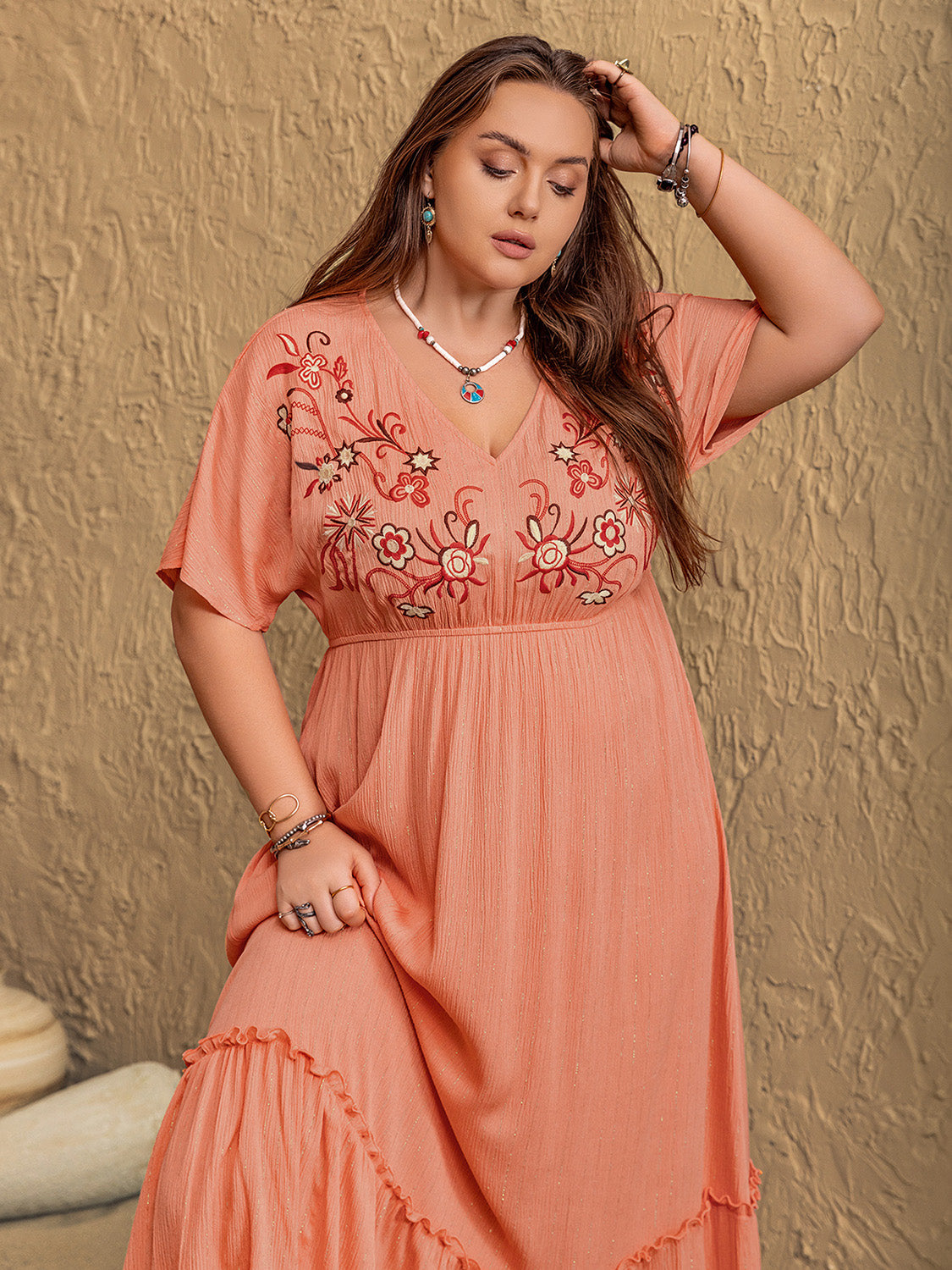 Plus Size Frill Embroidered V-Neck Half Sleeve Maxi Dress - Classique Collection