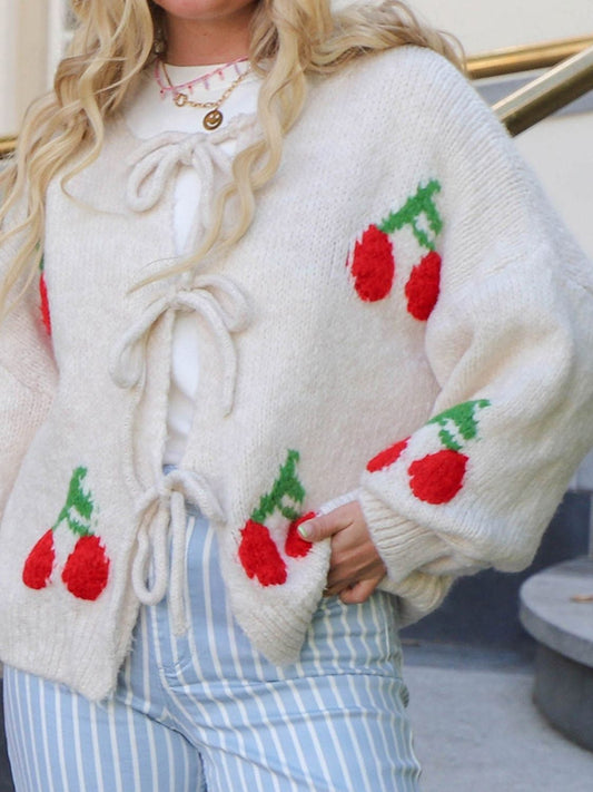 Tied Cherry Round Neck Long Sleeve Cardigan - Classique Collection