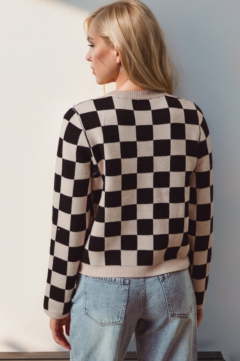 Double Take Full Size Checkered Tie Front Long Sleeve Cardigan - ClassiQ
