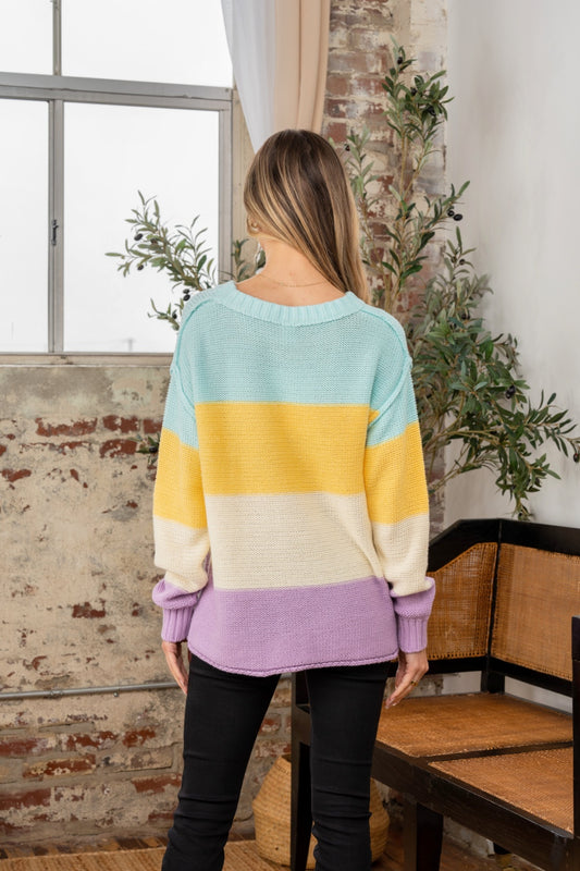 Sew In Love Full Size Color Block Exposed Seam Sweater - ClassiQ