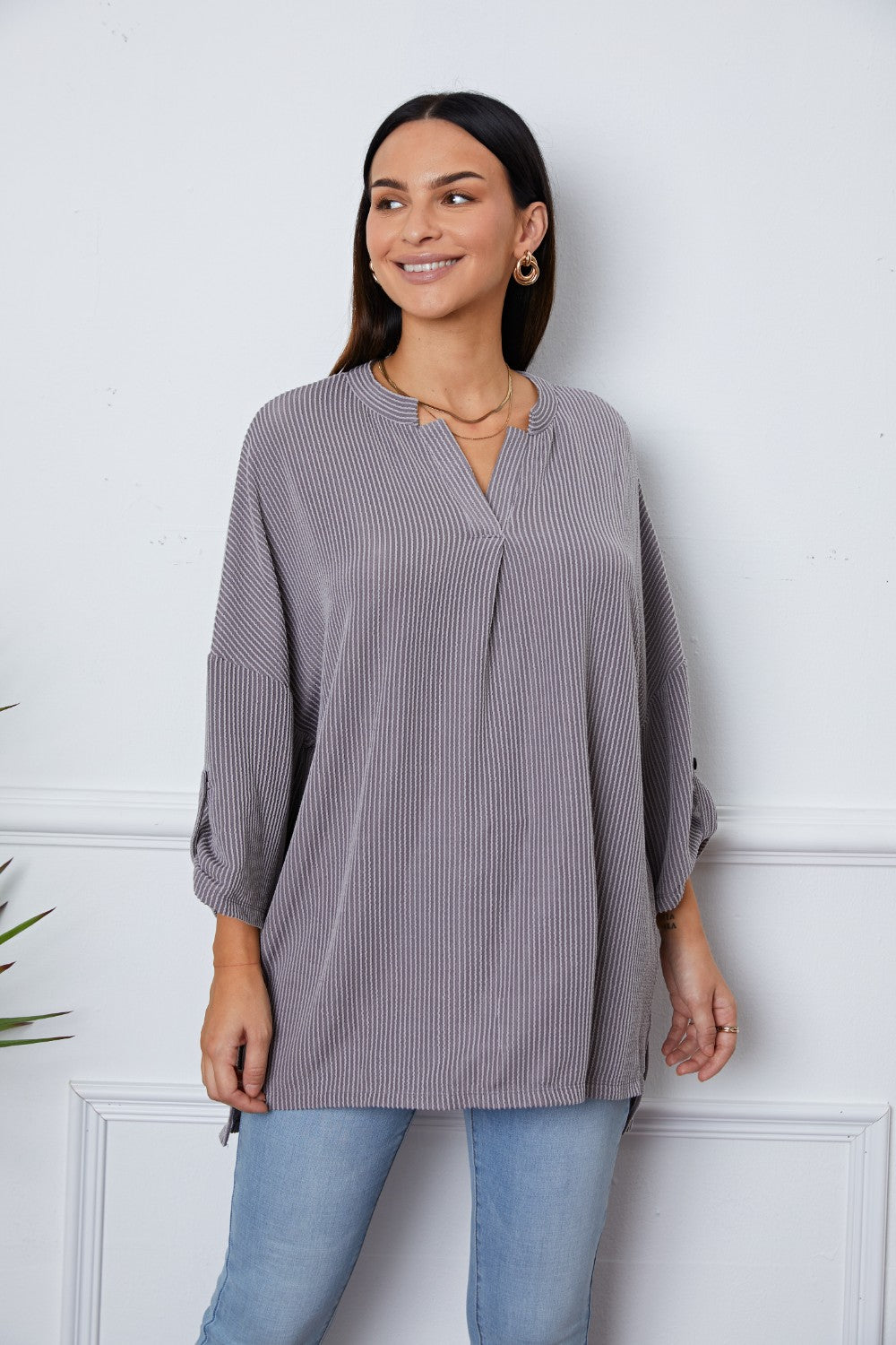 Notched Roll-Tab Sleeve Blouse - Classique Collection