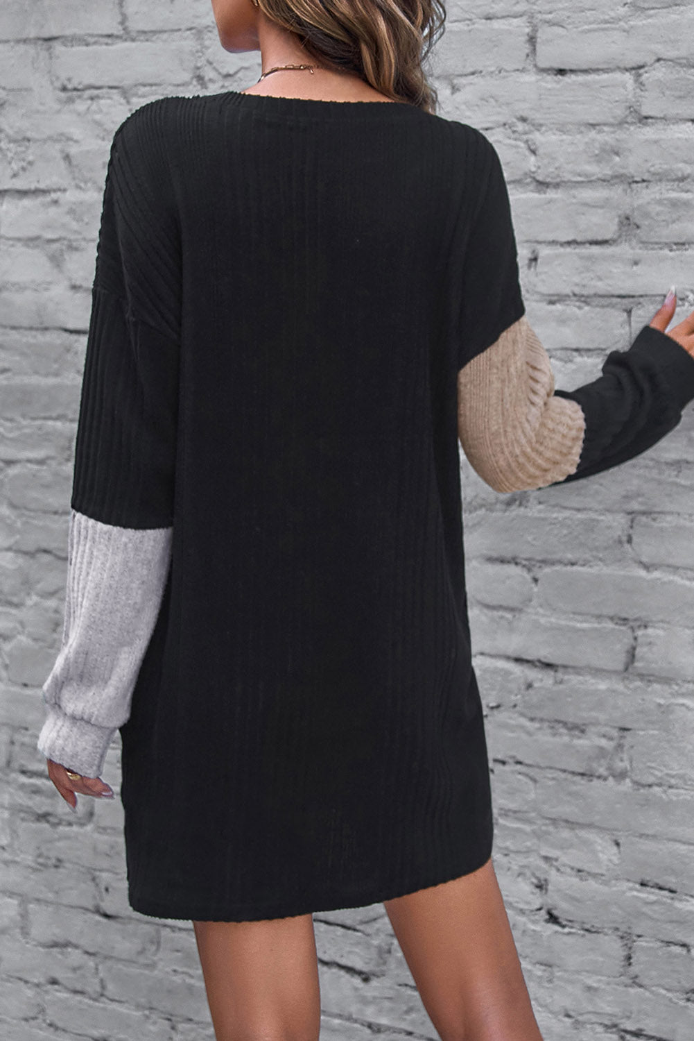 Color Block Drop Shoulder Long Sleeve Mini Dress - Classique Collection
