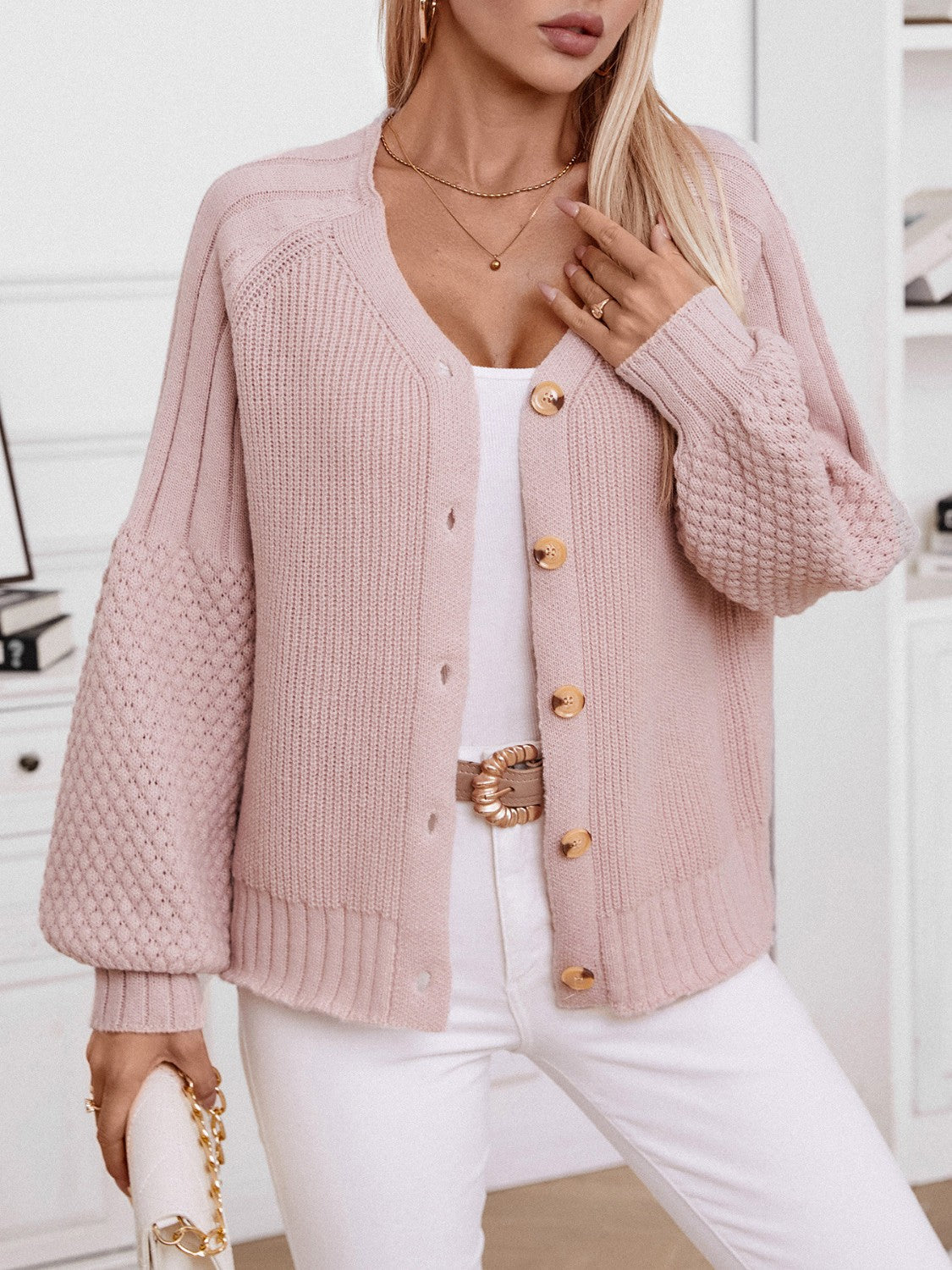 V-Neck Button Up Raglan Sleeve Cardigan - Classique Collection