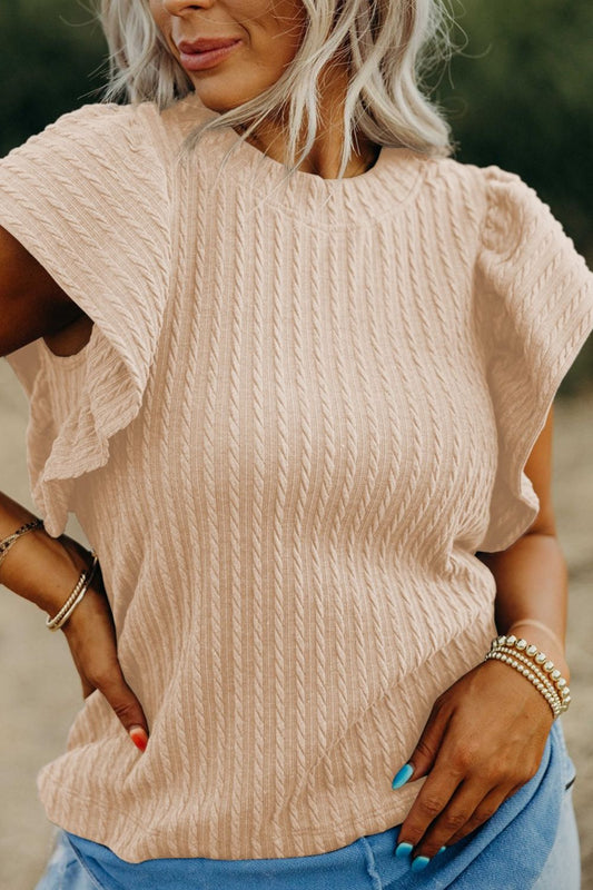 Texture Round Neck Cap Sleeve Top - ClassiQ