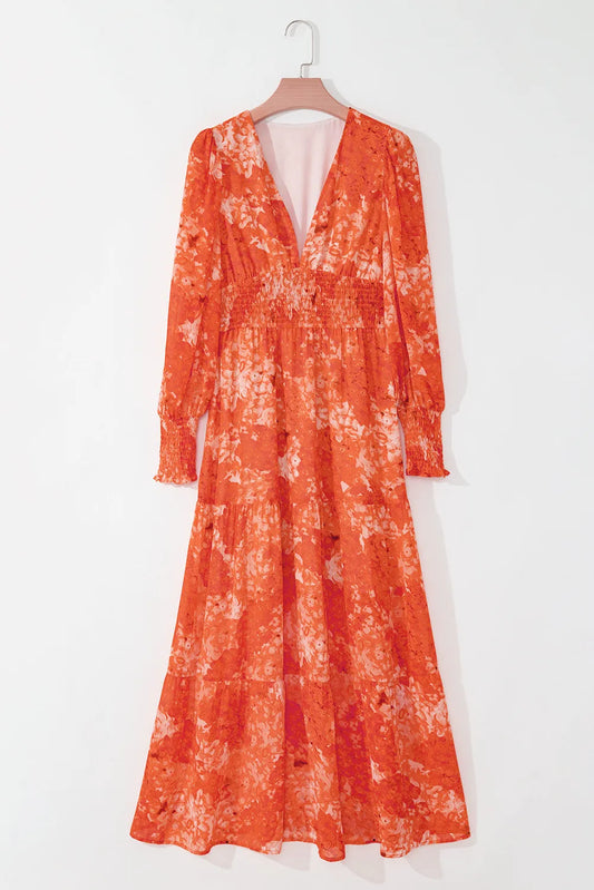 Smocked Printed V-Neck Long Sleeve Dress - Classique Collection