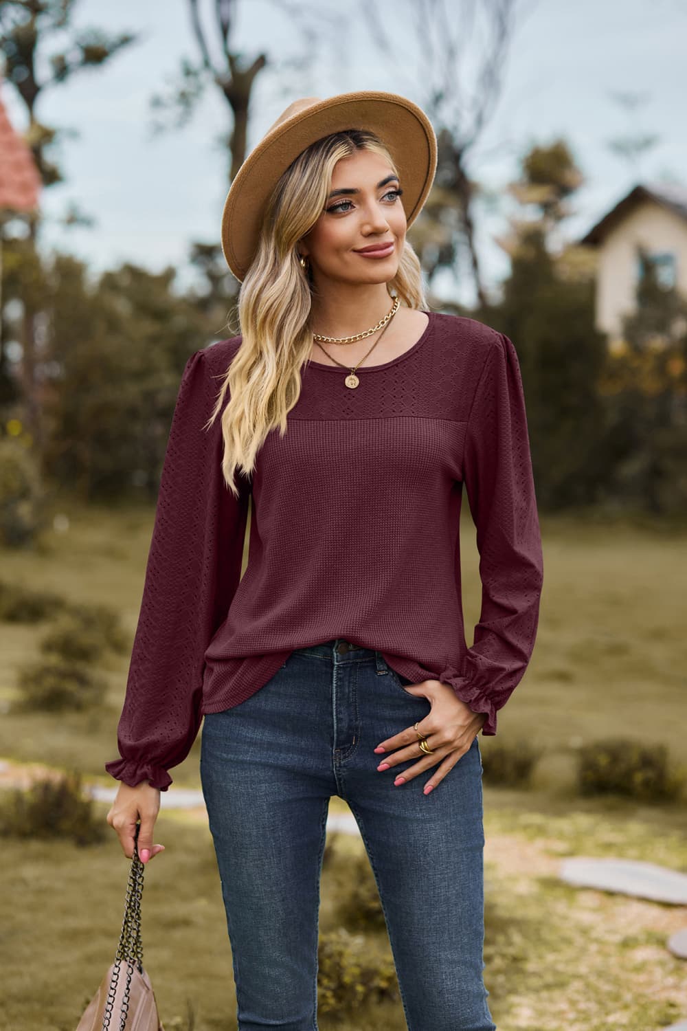 Round Neck Puff Sleeve Blouse - Classique Collection