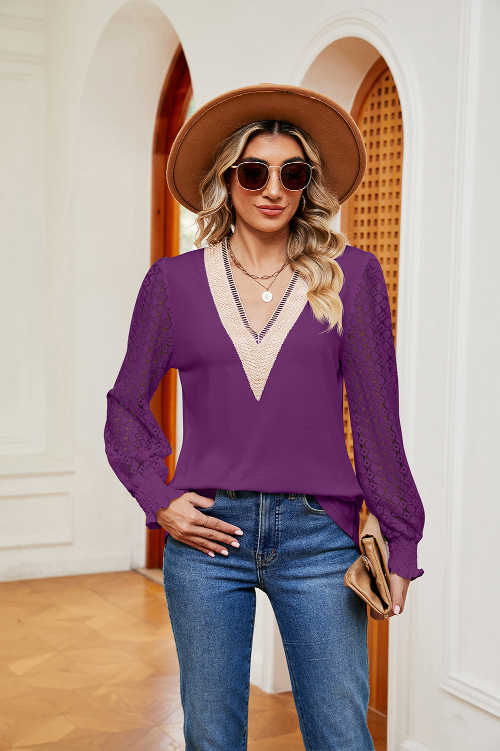 Contrast V-Neck Long Sleeve Blouse - Classique Collection