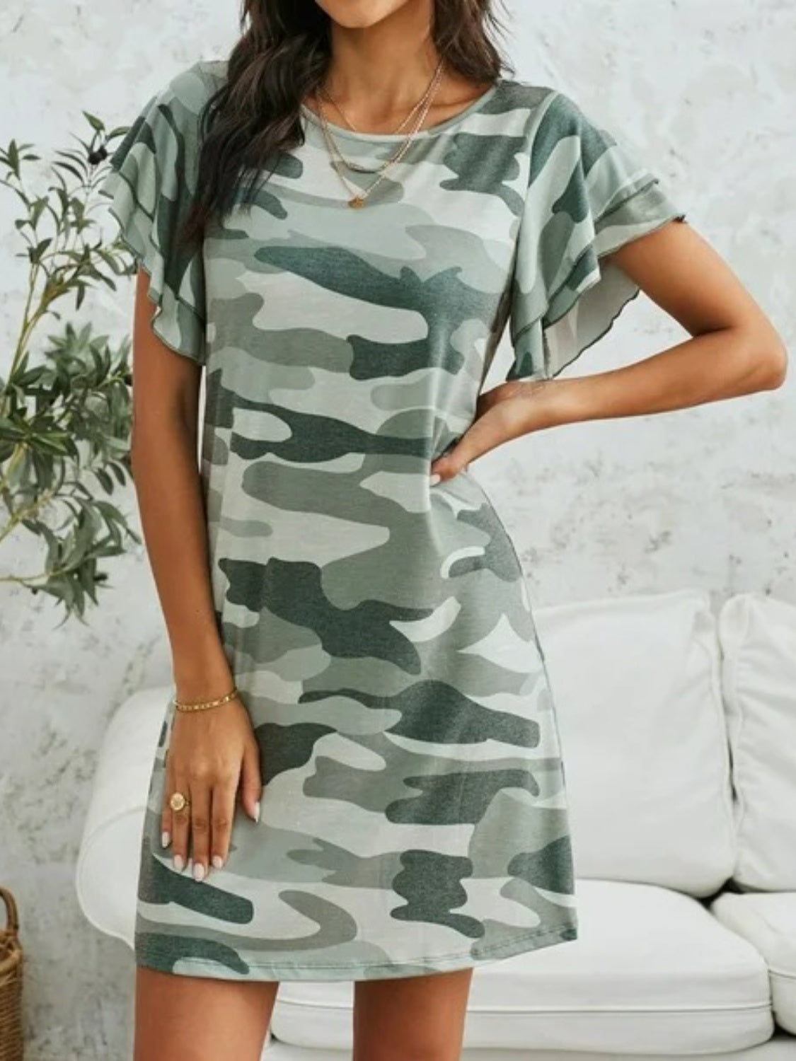 Camouflage Round Neck Short Sleeve Mini Dress - Classique Collection