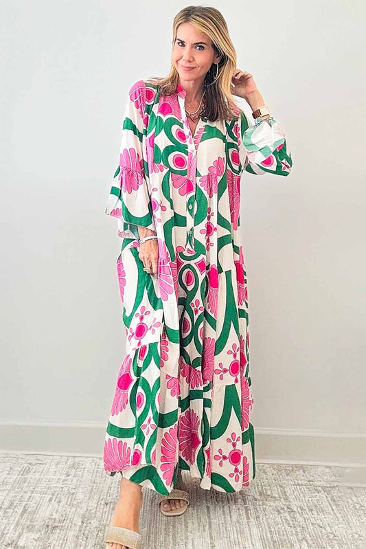 Printed Notched Long Sleeve Maxi Dress - Classique Collection