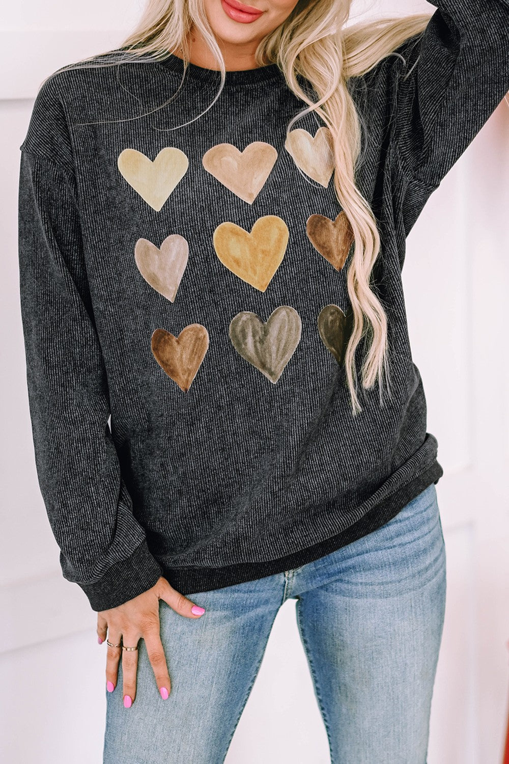 Heart Round Neck Dropped Shoulder Sweatshirt - ClassiQ