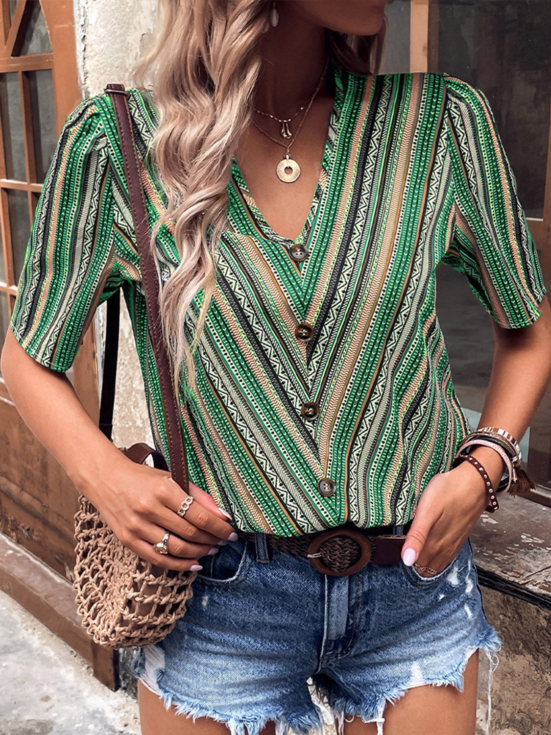 Shiny Printed V-Neck Button-Up Short Sleeve Top - Classique Collection